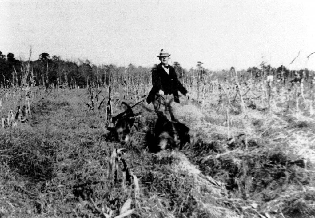 Black and white photograph of a man in a suite in a field with several dogs