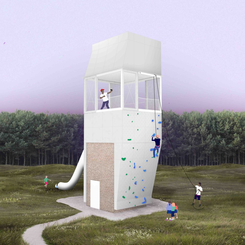 A photorealistic rendering of a prison guard tower transformed into a rock climbing wall