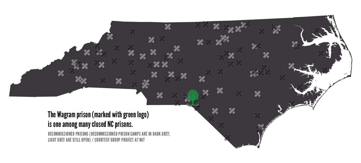 Map of North Carolina marked with x's indicating that there are many former prisons that have been closed. Caption reads, "The Wagram prison is one among many closed NC prisons. Courtesy Group Project at MIT"